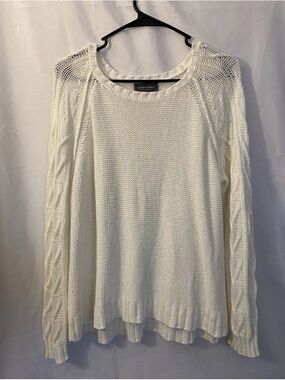 Wooden Ships White Open-Knit Crewneck with Cable Sleeves